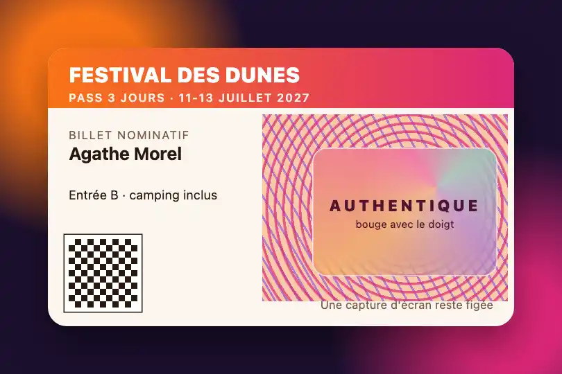 Hologramme d'authenticité d'un billet nominatif — appli de billetterie d'un festival — Iridescent Glass Panel exemple 1