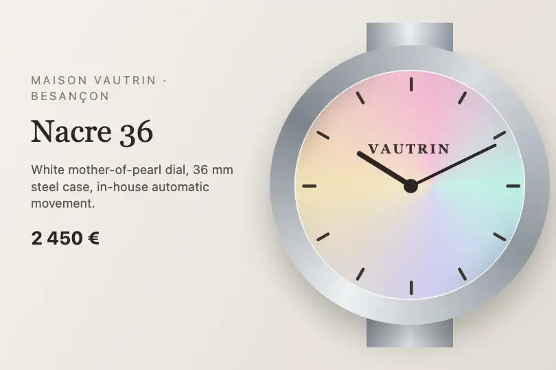 A watch's mother-of-pearl dial — a watchmaker's product page — Iridescent Glass Panel example 2