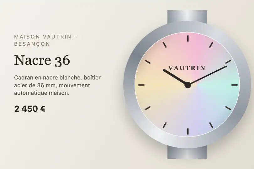 Cadran nacré d'une montre — page produit d'un horloger — Iridescent Glass Panel exemple 2