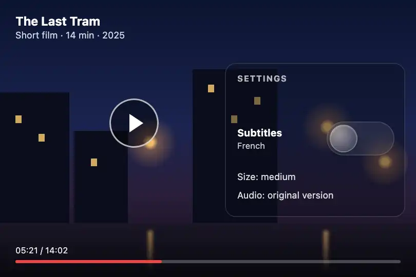 Turning on subtitles for a film — a short-film platform — Liquid Glass Toggle example 2
