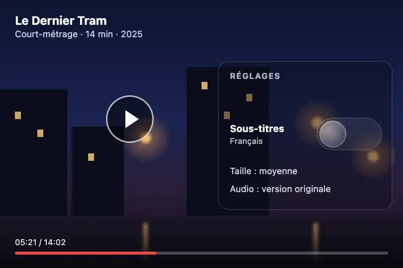 Activer les sous-titres sur un film — plateforme de courts-métrages — Liquid Glass Toggle exemple 2