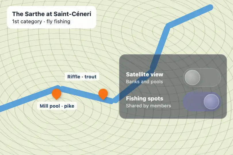 Switching to satellite view — a freshwater fishing map app — Liquid Glass Toggle example 3