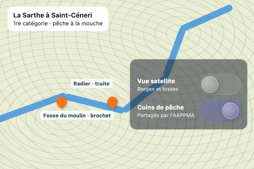 Passer en vue satellite — appli de carte de pêche en eau douce — Liquid Glass Toggle exemple 3