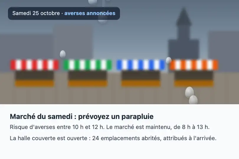 Alerte pluie pour le marché du samedi — site d'une mairie — Rain on Glass exemple 1