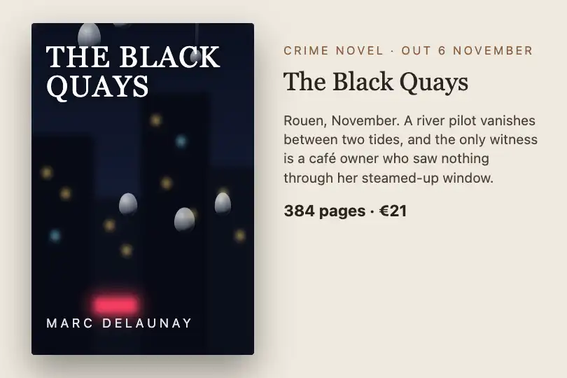 Cover of an urban crime novel — a publisher's page — Rain on Glass example 2