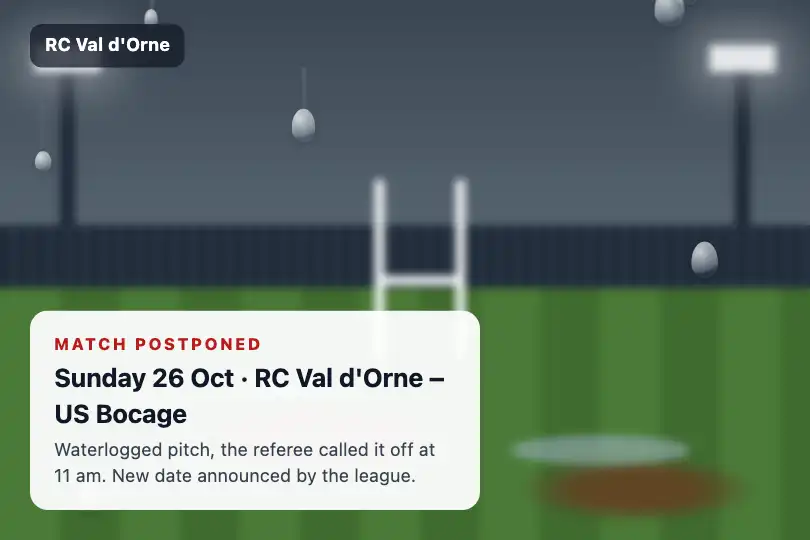 Match postponed, waterlogged pitch — an amateur rugby club's website — Rain on Glass example 3