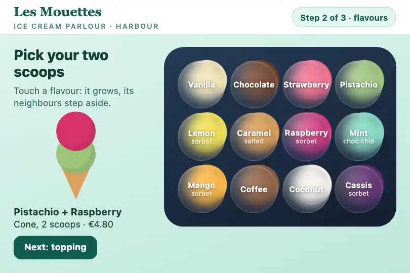 Choosing ice cream flavors — an ice cream parlour's ordering kiosk — Bubble Glass Grid example 1
