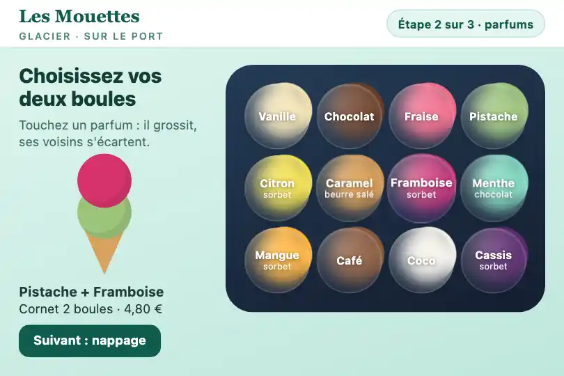 Choix des parfums de glace — borne de commande d'un glacier — Bubble Glass Grid exemple 1