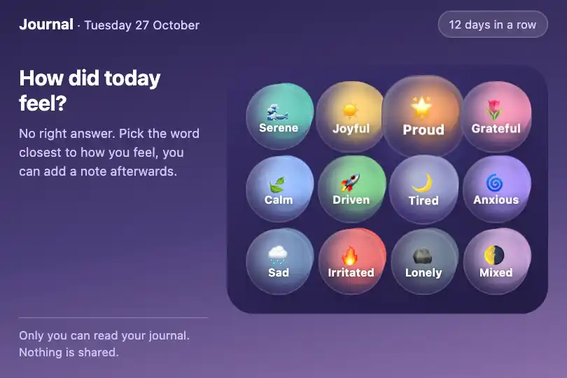 Mood of the day — the journal of a mental health app — Bubble Glass Grid example 2
