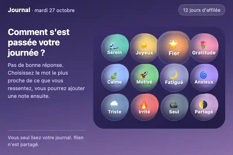 Humeur du jour — journal de bord d'une appli de santé mentale — Bubble Glass Grid exemple 2