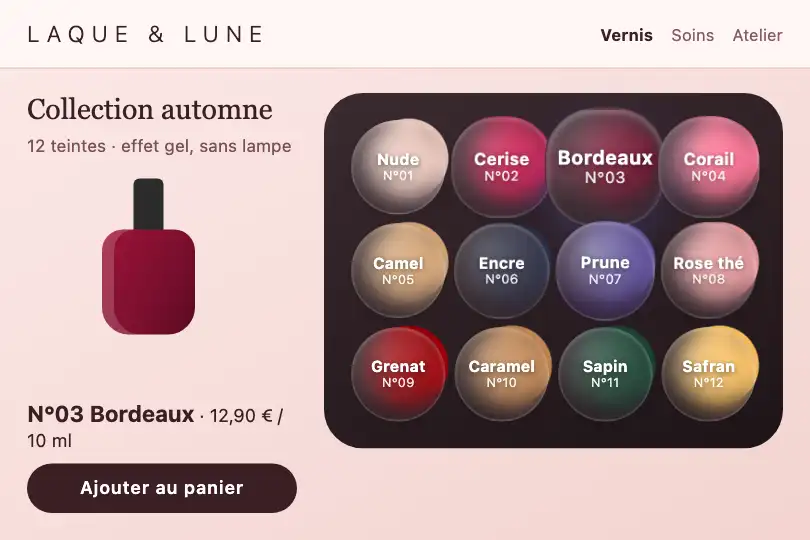 Nuancier de vernis — boutique en ligne d'une onglerie — Bubble Glass Grid exemple 3