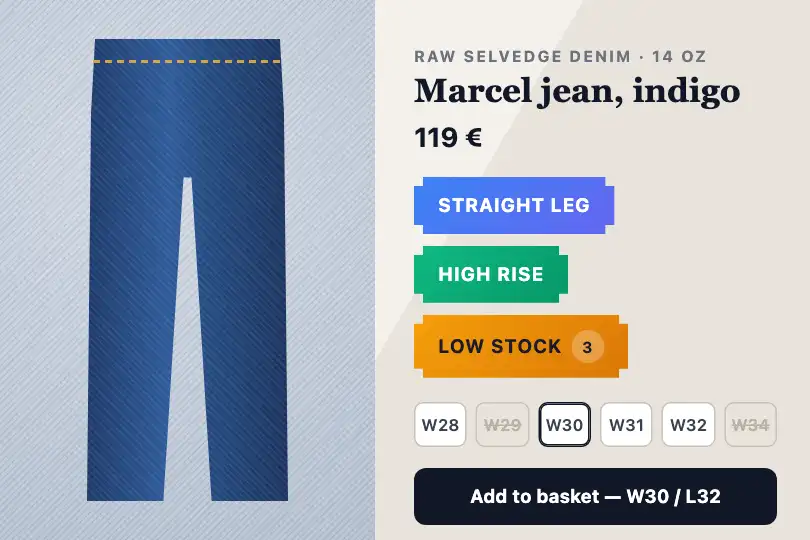 Size and fit — a jeans product page — Notched Badge System example 2