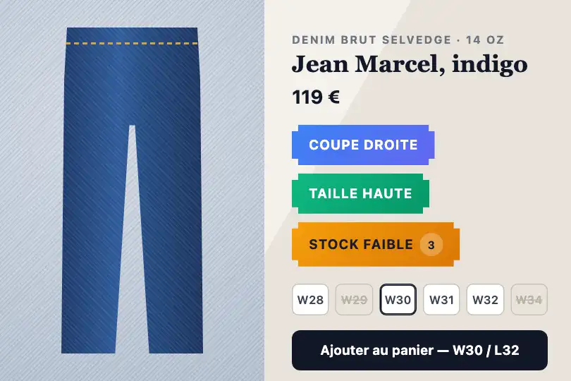 Taille et coupe — fiche produit d'un jean — Notched Badge System exemple 2