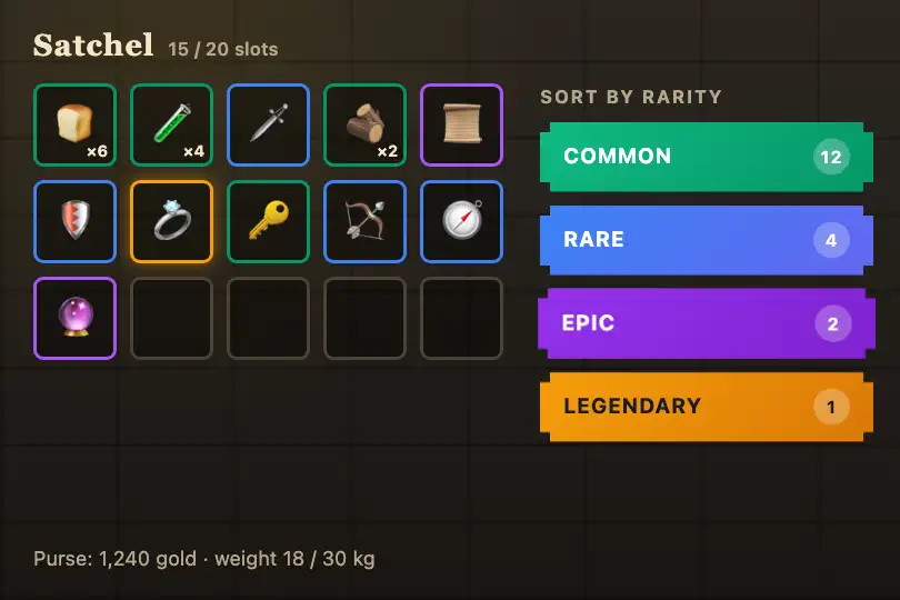 Item rarity — a role-playing game inventory — Notched Badge System example 3