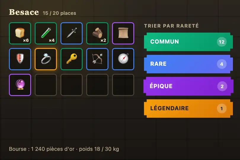 Rareté des objets — inventaire d'un jeu de rôle — Notched Badge System exemple 3