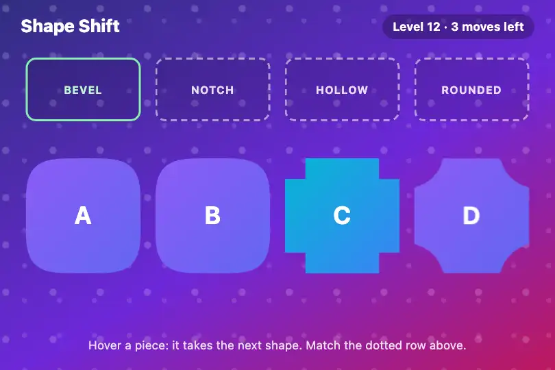 Pieces of a shape puzzle game — browser game — Morphing Corner Shapes example 1