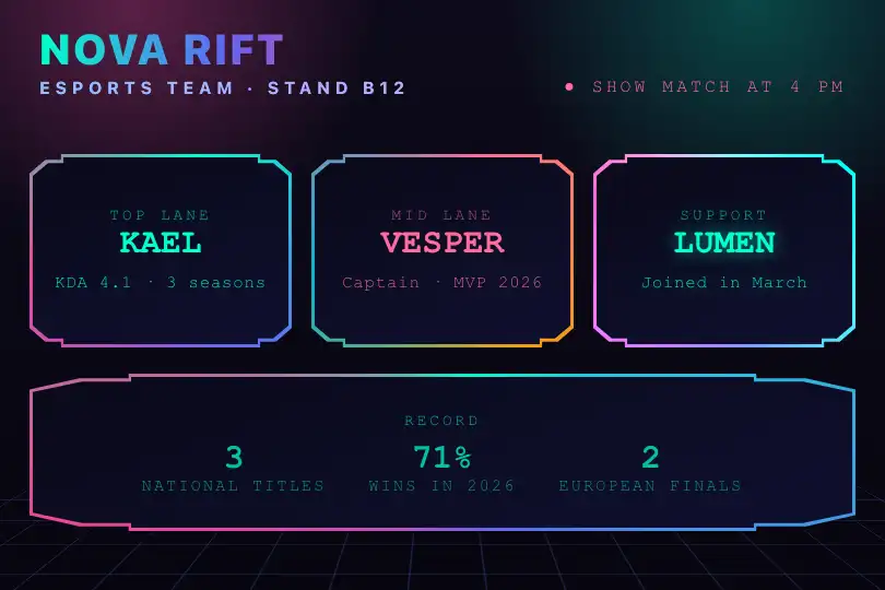 Stand screen for an esports team at a trade show — Sci-Fi Window Frames example 3