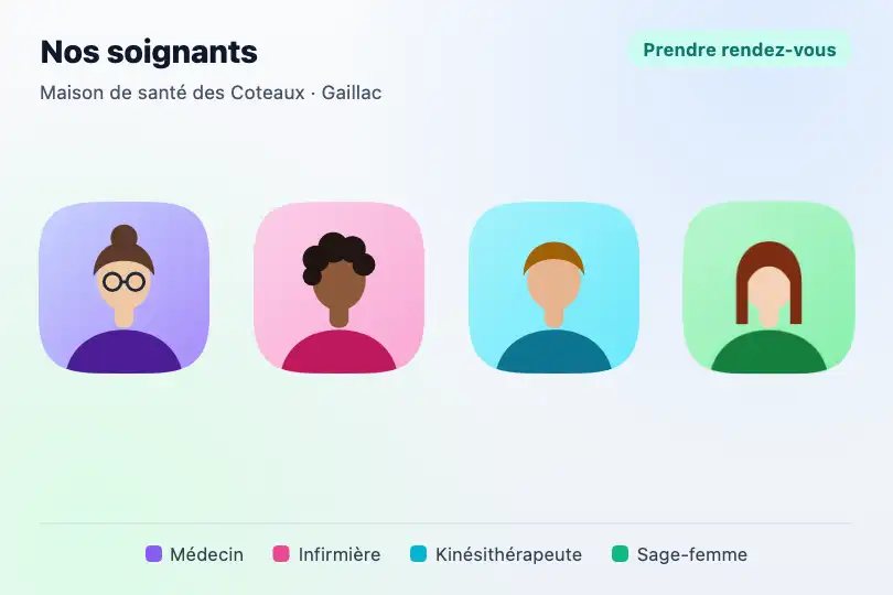 Équipe d'une maison de santé — page « Nos soignants » — Squircle Image Masks exemple 1
