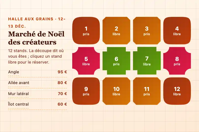 Plan des emplacements d'un marché de créateurs — site de l'organisateur — Corner Shape Grid exemple 1