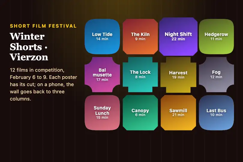 Poster wall of a short film festival — Corner Shape Grid example 3