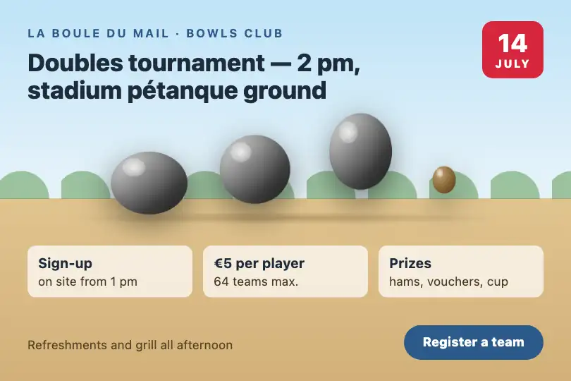 Bastille Day pétanque tournament — sign-up page of a bowls club — Mercury Drops example 1