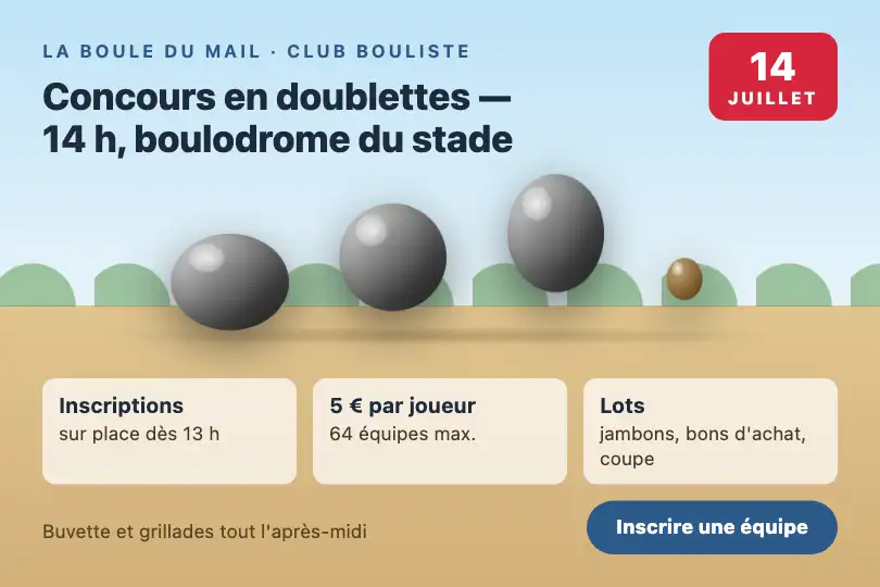 Concours de pétanque du 14 juillet — page d'inscription d'un club bouliste — Mercury Drops exemple 1