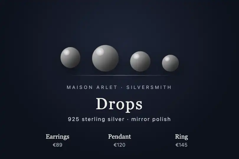 "Drops" collection in polished silver — collection page of a silversmith — Mercury Drops example 3