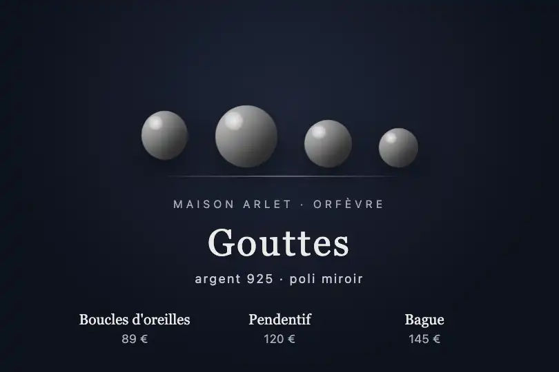 Collection « Gouttes » en argent poli — page de collection d'un orfèvre — Mercury Drops exemple 3