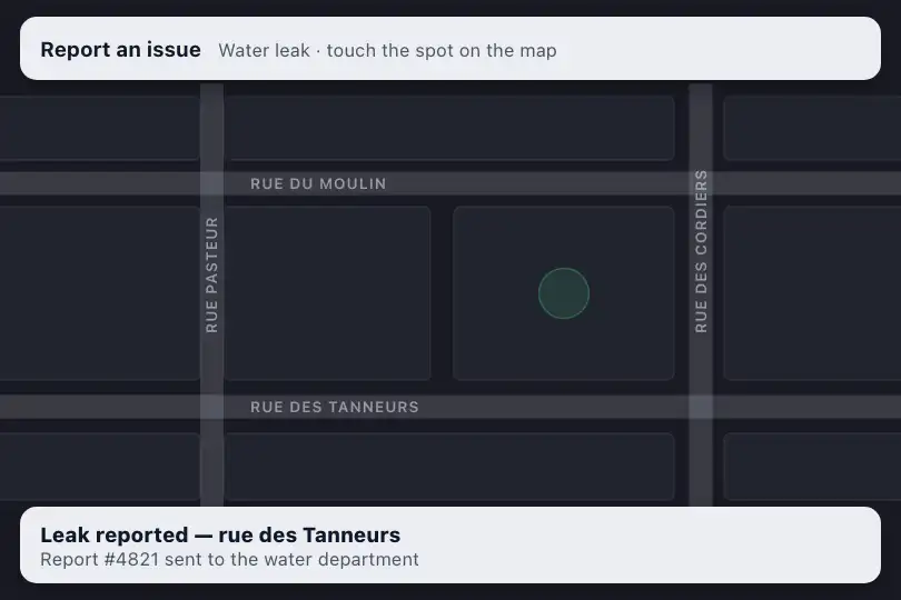 Reporting a water leak on the sidewalk — map in a city's citizen app — Splash Effect example 3