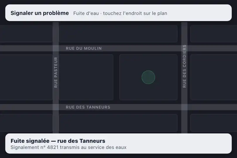 Signaler une fuite d'eau sur le trottoir — carte de l'appli citoyenne d'une métropole — Splash Effect exemple 3