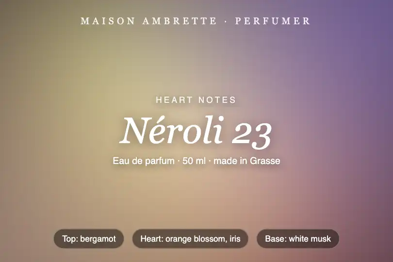 The "Heart notes" page of a niche perfumer — Fluid Gradient example 2