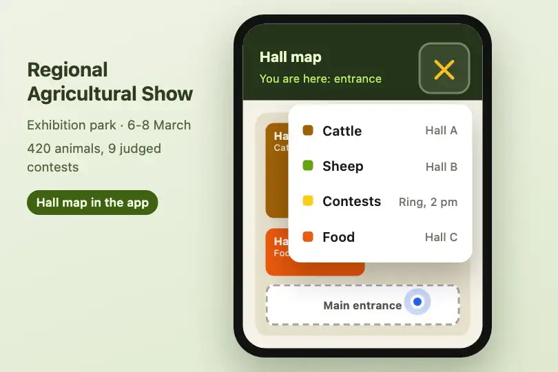 Menu of the interactive map of a regional agricultural show — Icon Morph example 1
