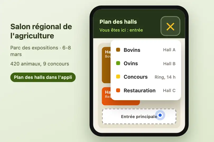 Menu du plan interactif d'un salon de l'agriculture régional — Icon Morph exemple 1