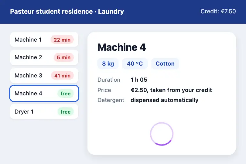 Starting machine no. 4 — the connected laundry app of a student residence — Button Morph example 1