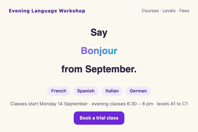 "Bonjour / Hola / Ciao / Hallo" — the home page of a language school for adults — Text Morph example 1