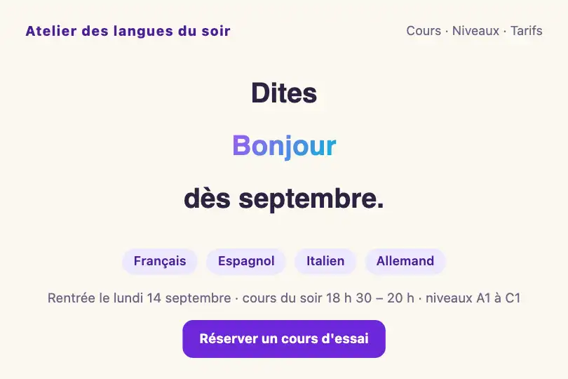 « Bonjour / Hola / Ciao / Hallo » — page d'accueil d'une école de langues pour adultes — Text Morph exemple 1