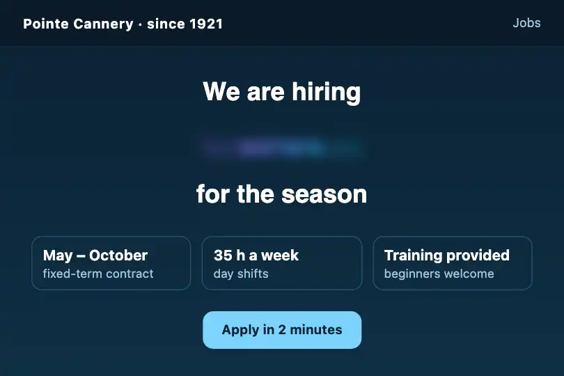 Open positions — the jobs page of a seasonal fish cannery — Text Morph example 2