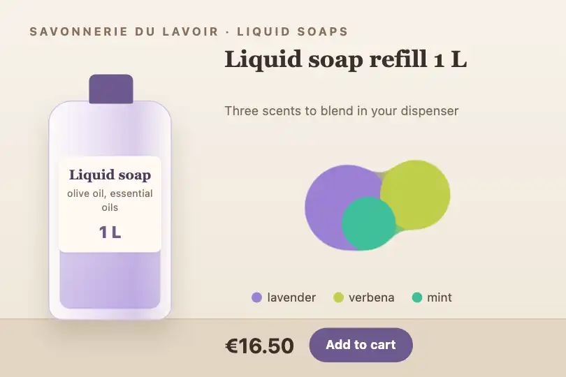 1 L liquid soap refill — product page of an artisan soap maker — Liquid Morph example 1