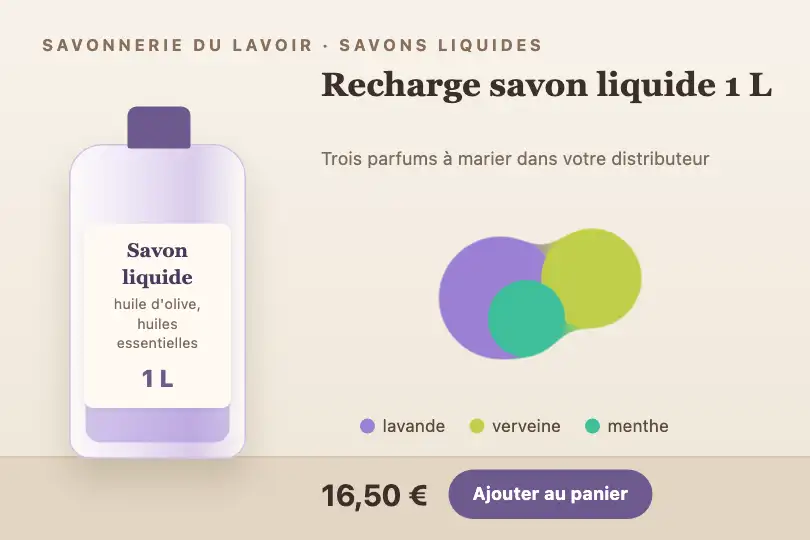 Recharge de savon liquide 1 L — fiche produit d'une savonnerie artisanale — Liquid Morph exemple 1