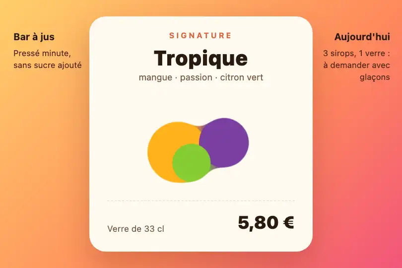Jus en trois sirops — carte d'un bar à jus — Liquid Morph exemple 3
