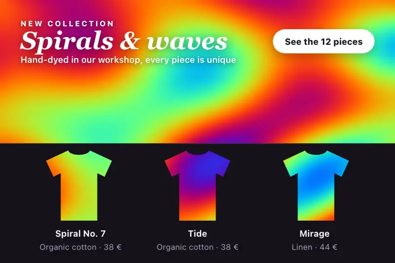 "Spirals & waves" collection — banner for a hand-dyed T-shirt shop — Deep Dream Pattern example 2