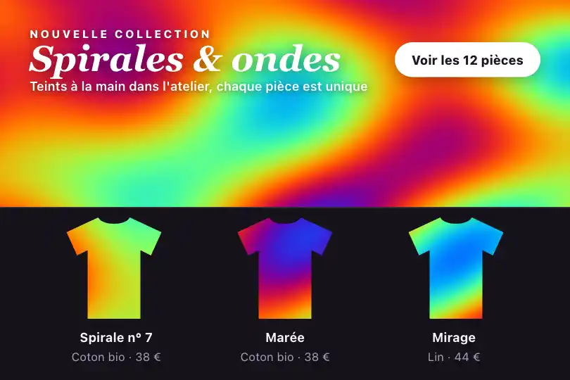 Collection « Spirales & ondes » — bannière d'une boutique de t-shirts teints à la main — Deep Dream Pattern exemple 2