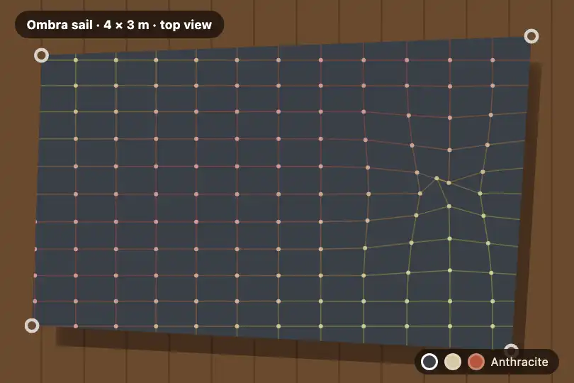 A tensioned shade sail — a terrace sail maker's configurator — Mesh Distortion AI example 1
