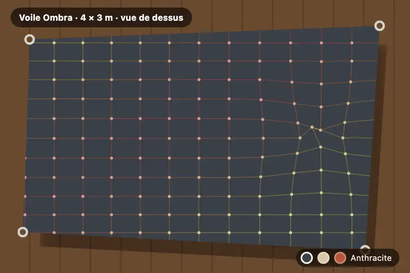 Voile d'ombrage tendue — configurateur d'un fabricant de voiles de terrasse — Mesh Distortion AI exemple 1