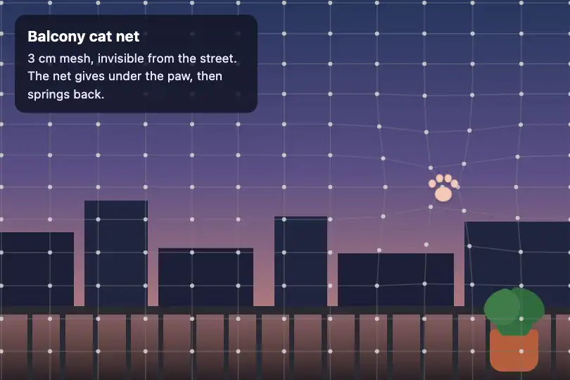 A balcony cat net — a protective netting maker's product page — Mesh Distortion AI example 3