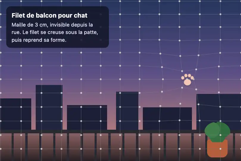 Filet de balcon pour chat — fiche produit d'un fabricant de filets de protection — Mesh Distortion AI exemple 3