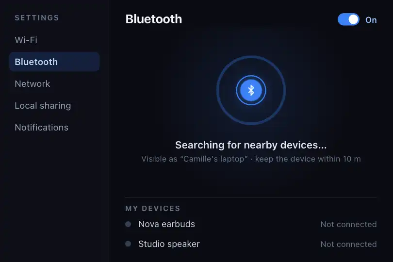 Searching for a nearby device — Bluetooth settings — Pulse Ring example 1