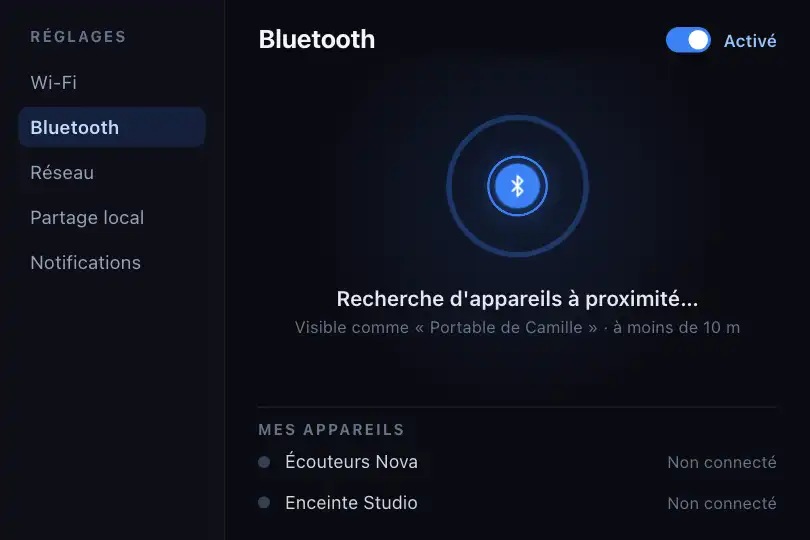 Recherche d'un appareil à proximité — réglages Bluetooth — Pulse Ring exemple 1
