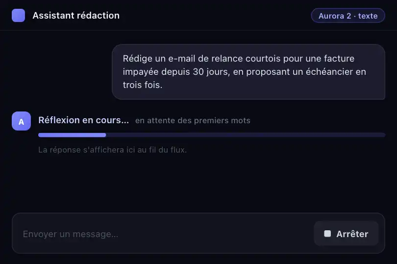 Génération IA — traitement d'un prompt en attente de streaming — Progress Bar exemple 3
