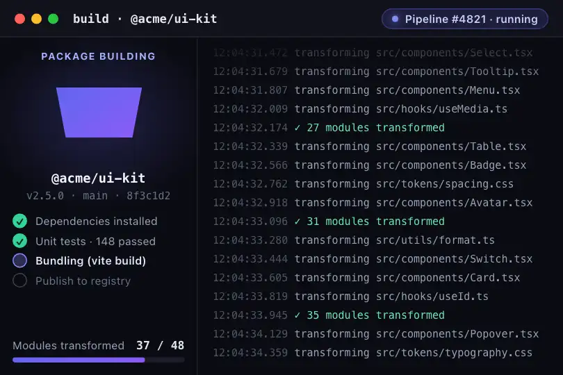 CI build console — the package assembling beside the log — Cube Flip example 2